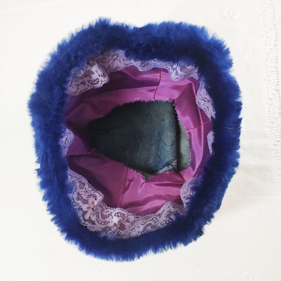 Vintage Royal Blue Rabbit Fur Hat 1960's Beanie-Cossack Cross Winter Hat - Picture 6 of 7